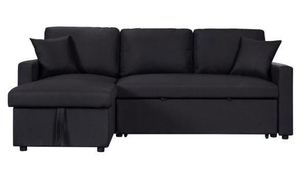 Paisley 82"W Black Linen Fabric Reversible Sleeper Sectional Sofa with Storage Chaise - Image 5