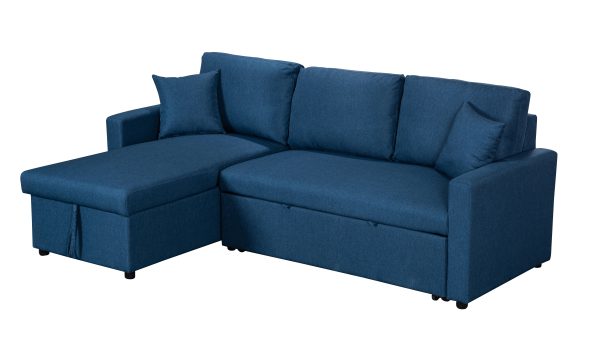 Paisley 82"W Blue Linen Fabric Reversible Sleeper Sectional Sofa with Storage Chaise - Image 2