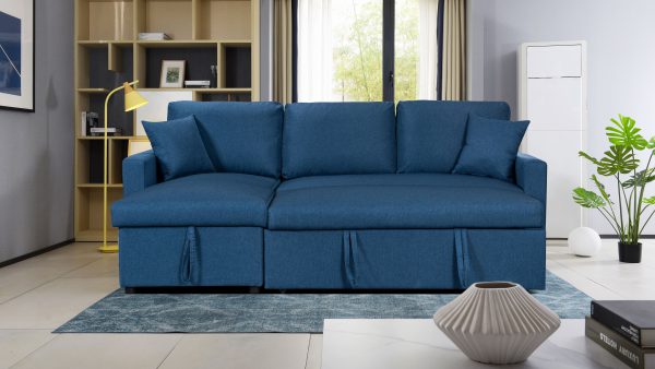 Paisley 82"W Blue Linen Fabric Reversible Sleeper Sectional Sofa with Storage Chaise - Image 3