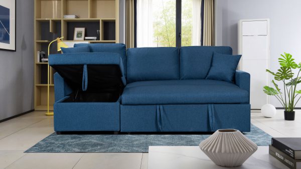 Paisley 82"W Blue Linen Fabric Reversible Sleeper Sectional Sofa with Storage Chaise - Image 4