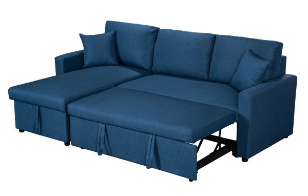 Paisley 82"W Blue Linen Fabric Reversible Sleeper Sectional Sofa with Storage Chaise - Image 5