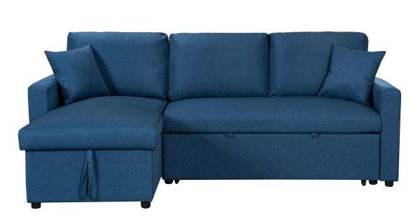 Paisley 82"W Blue Linen Fabric Reversible Sleeper Sectional Sofa with Storage Chaise - Image 6