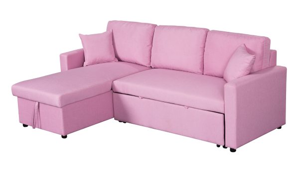 Paisley 82"W Pink Linen Fabric Reversible Sleeper Sectional Sofa with Storage Chaise - Image 2