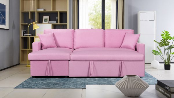 Paisley 82"W Pink Linen Fabric Reversible Sleeper Sectional Sofa with Storage Chaise - Image 3