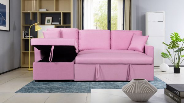 Paisley 82"W Pink Linen Fabric Reversible Sleeper Sectional Sofa with Storage Chaise - Image 4