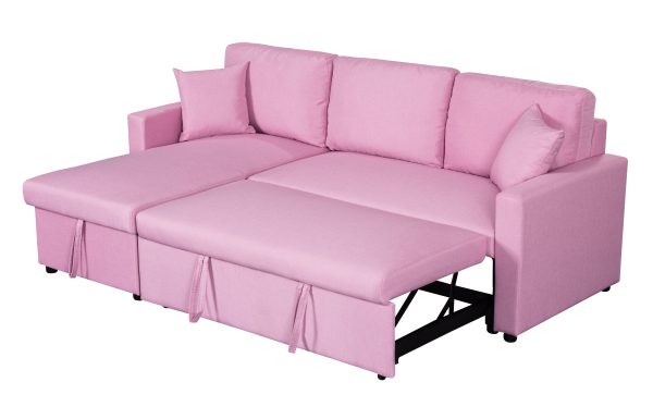 Paisley 82"W Pink Linen Fabric Reversible Sleeper Sectional Sofa with Storage Chaise - Image 5