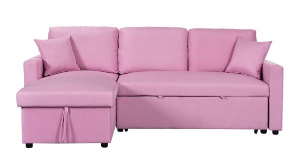 Paisley 82"W Pink Linen Fabric Reversible Sleeper Sectional Sofa with Storage Chaise - Image 6