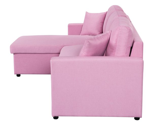 Paisley 82"W Pink Linen Fabric Reversible Sleeper Sectional Sofa with Storage Chaise - Image 7
