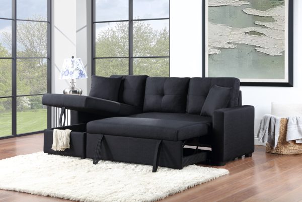 Francine 81"W Black Linen Reversible Sleeper Sectional Sofa with Storage Chaise - Image 4
