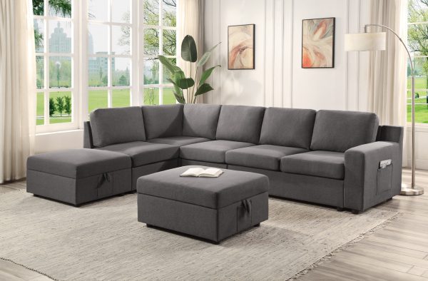 Waylon 119"W Gray Linen 7-Seater L-Shape Sectional Sofa with Storage Ottomans and Pockets