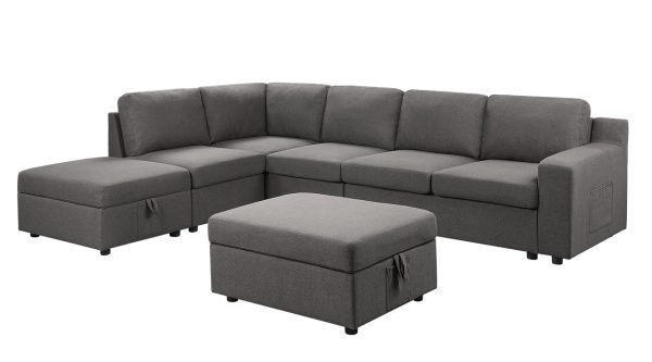 Waylon 119"W Gray Linen 7-Seater L-Shape Sectional Sofa with Storage Ottomans and Pockets - Image 4