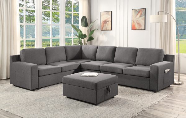 Waylon 119"W Gray Linen 7-Seater L-Shape Sectional Sofa with Storage Ottoman and Pockets