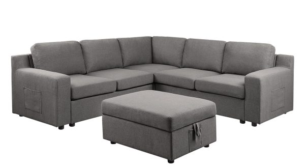 Waylon 93"W Gray Linen 6-Seater L-Shape Sectional Sofa with Storage Ottoman and Pockets - Image 6