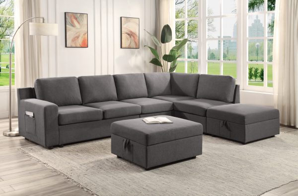 Waylon 119"W Gray Linen 7-Seater L-Shape Sectional Sofa with Storage Ottomans and Pockets