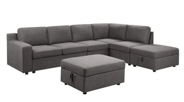 Waylon 119"W Gray Linen 7-Seater L-Shape Sectional Sofa with Storage Ottomans and Pockets - Image 3