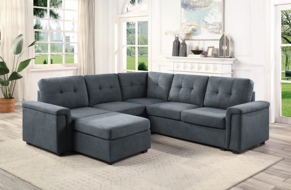 Isla 92.5"W Gray Woven Fabric 6-Seater Sectional Sofa with Ottoman