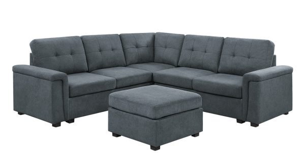 Isla 92.5"W Gray Woven Fabric 6-Seater Sectional Sofa with Ottoman - Image 5