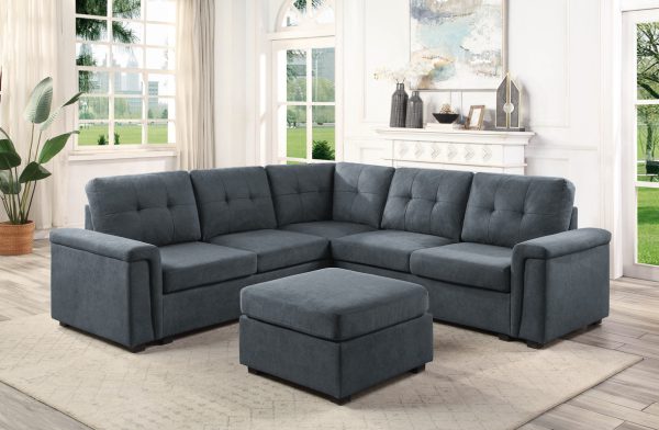 Isla 92.5"W Gray Woven Fabric 6-Seater Sectional Sofa with Ottoman
