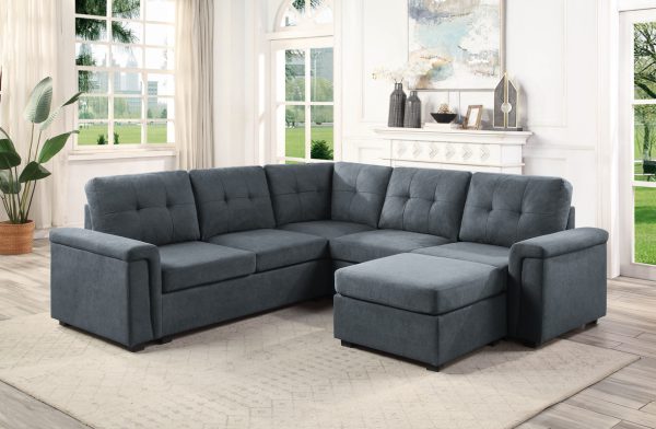 Isla 92.5"W Gray Woven Fabric 6-Seater Sectional Sofa with Ottoman