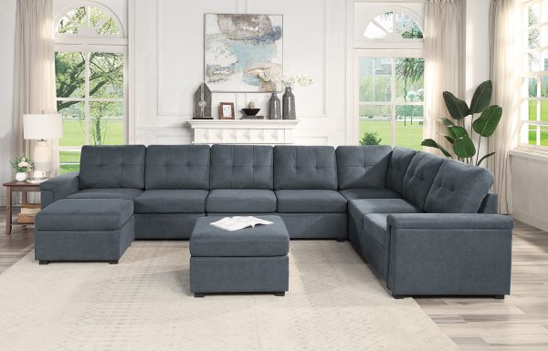 Isla 145"W Gray Woven Fabric 9-Seater Sectional Sofa with Ottomans