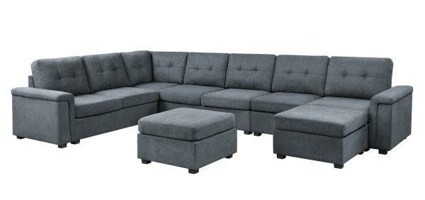 Isla 145"W Gray Woven Fabric 9-Seater Sectional Sofa with Ottomans - Image 3