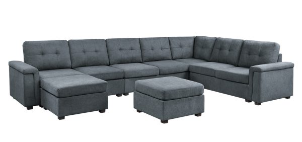 Isla 145"W Gray Woven Fabric 9-Seater Sectional Sofa with Ottomans - Image 2