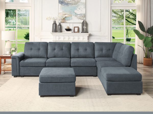 Isla 119"W Gray Woven Fabric 7-Seater Sectional Sofa with Ottomans