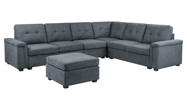 Isla 119"W Gray Woven Fabric 7-Seater Sectional Sofa with Ottoman - Image 7