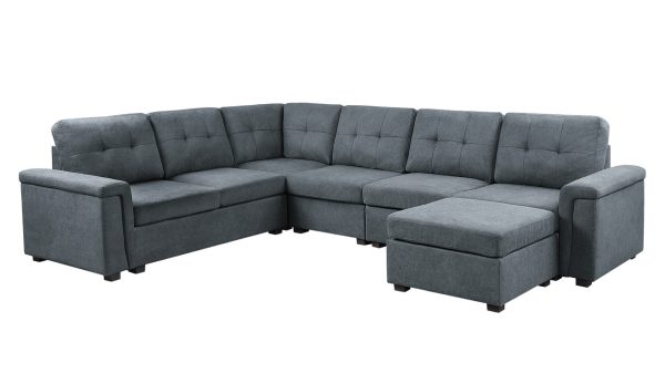 Isla 119"W Gray Woven Fabric 7-Seater Sectional Sofa with Ottoman - Image 3