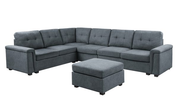 Isla 119"W Gray Woven Fabric 7-Seater Sectional Sofa with Ottoman - Image 2