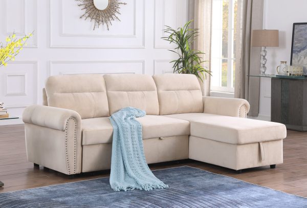 Ashton 96.5"W Beige Velvet Fabric Reversible Sleeper Sectional Sofa Chaise