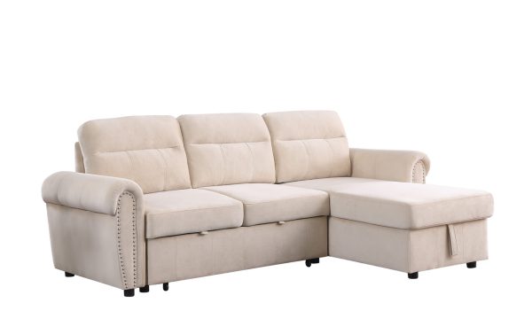 Ashton 96.5"W Beige Velvet Fabric Reversible Sleeper Sectional Sofa Chaise - Image 13