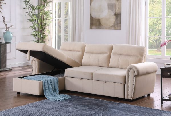 Ashton 96.5"W Beige Velvet Fabric Reversible Sleeper Sectional Sofa Chaise - Image 4