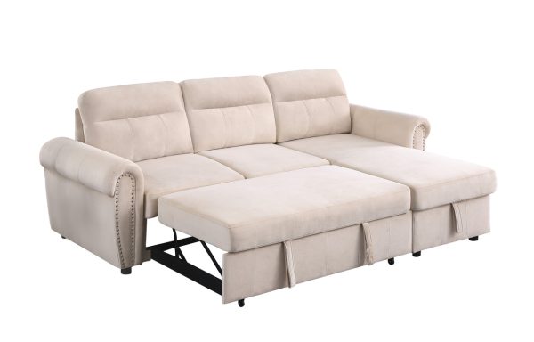 Ashton 96.5"W Beige Velvet Fabric Reversible Sleeper Sectional Sofa Chaise - Image 12