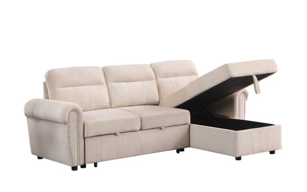 Ashton 96.5"W Beige Velvet Fabric Reversible Sleeper Sectional Sofa Chaise - Image 11