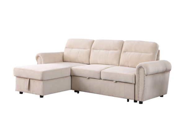 Ashton 96.5"W Beige Velvet Fabric Reversible Sleeper Sectional Sofa Chaise - Image 10