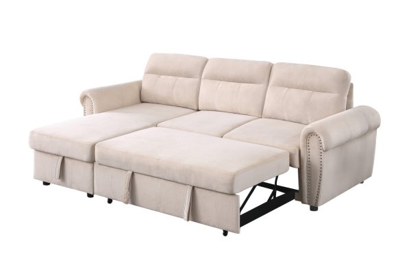 Ashton 96.5"W Beige Velvet Fabric Reversible Sleeper Sectional Sofa Chaise - Image 9