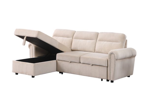 Ashton 96.5"W Beige Velvet Fabric Reversible Sleeper Sectional Sofa Chaise - Image 8