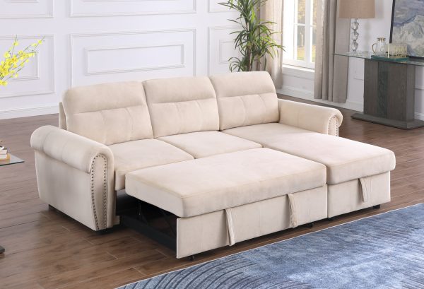 Ashton 96.5"W Beige Velvet Fabric Reversible Sleeper Sectional Sofa Chaise - Image 7