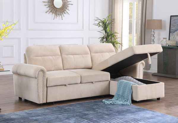Ashton 96.5"W Beige Velvet Fabric Reversible Sleeper Sectional Sofa Chaise - Image 6