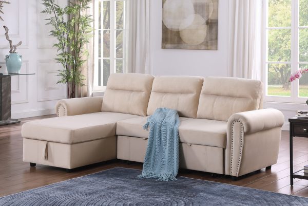 Ashton 96.5"W Beige Velvet Fabric Reversible Sleeper Sectional Sofa Chaise - Image 5