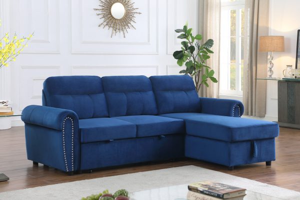Ashton 96.5"W Blue Velvet Fabric Reversible Sleeper Sectional Sofa Chaise