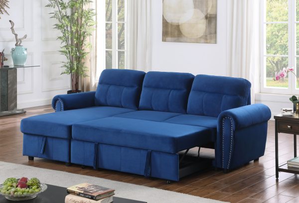Ashton 96.5"W Blue Velvet Fabric Reversible Sleeper Sectional Sofa Chaise - Image 12