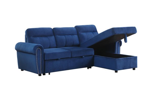 Ashton 96.5"W Blue Velvet Fabric Reversible Sleeper Sectional Sofa Chaise - Image 7