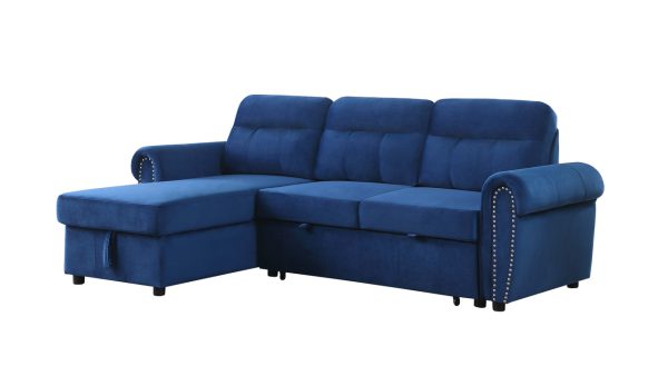 Ashton 96.5"W Blue Velvet Fabric Reversible Sleeper Sectional Sofa Chaise - Image 6
