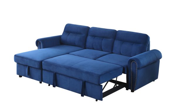 Ashton 96.5"W Blue Velvet Fabric Reversible Sleeper Sectional Sofa Chaise - Image 5