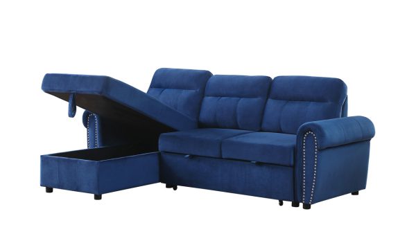 Ashton 96.5"W Blue Velvet Fabric Reversible Sleeper Sectional Sofa Chaise - Image 4