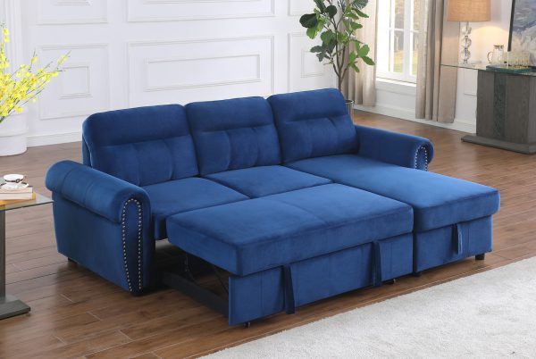 Ashton 96.5"W Blue Velvet Fabric Reversible Sleeper Sectional Sofa Chaise - Image 3