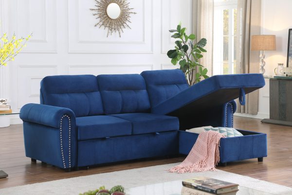 Ashton 96.5"W Blue Velvet Fabric Reversible Sleeper Sectional Sofa Chaise - Image 2