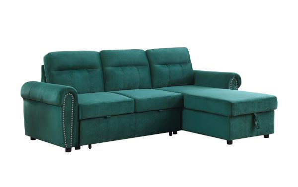 Ashton 96.5"W Green Velvet Fabric Reversible Sleeper Sectional Sofa Chaise - Image 10